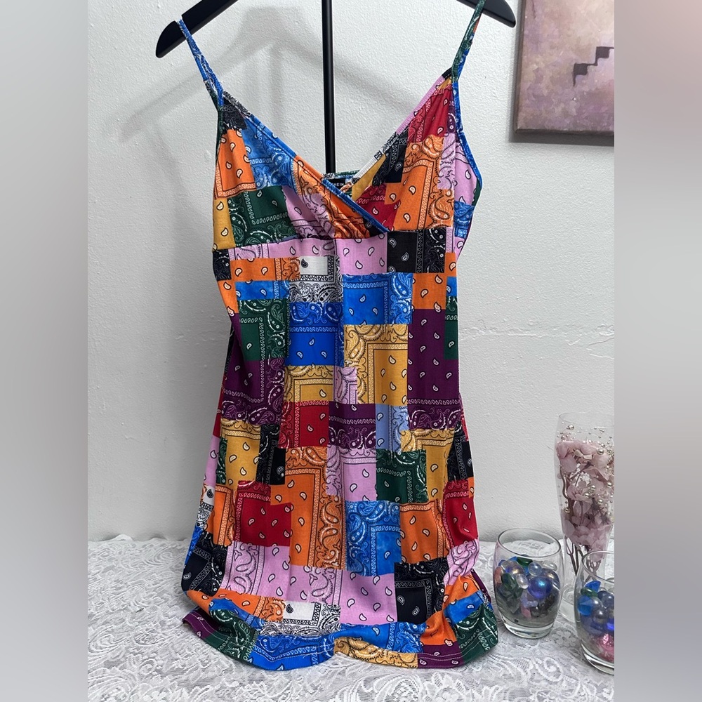 SHEIN Patchwork Multicolor Mini Dress XL Spaghetti Strap Bodycon Summer
